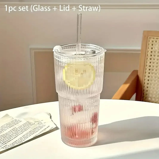 1/2pcs 600ml Coupe en verre rayé avec couvercle et paille – jus transparent, eau et verre à café glacé