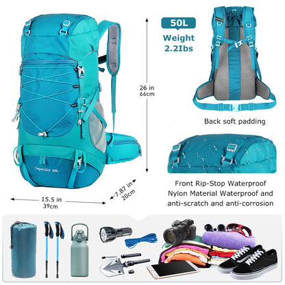 WESTTUNE 50L Sac à dos de randonnée imperméable avec couverture de pluie – Sac de voyage et d'alpinisme multifonctionnel