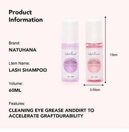 Natuhana 60ml Shampooing d'extension de cils Mousse – Mousse de nettoyage de laash pour faux cils, outil de maquillage doux et non irritant
