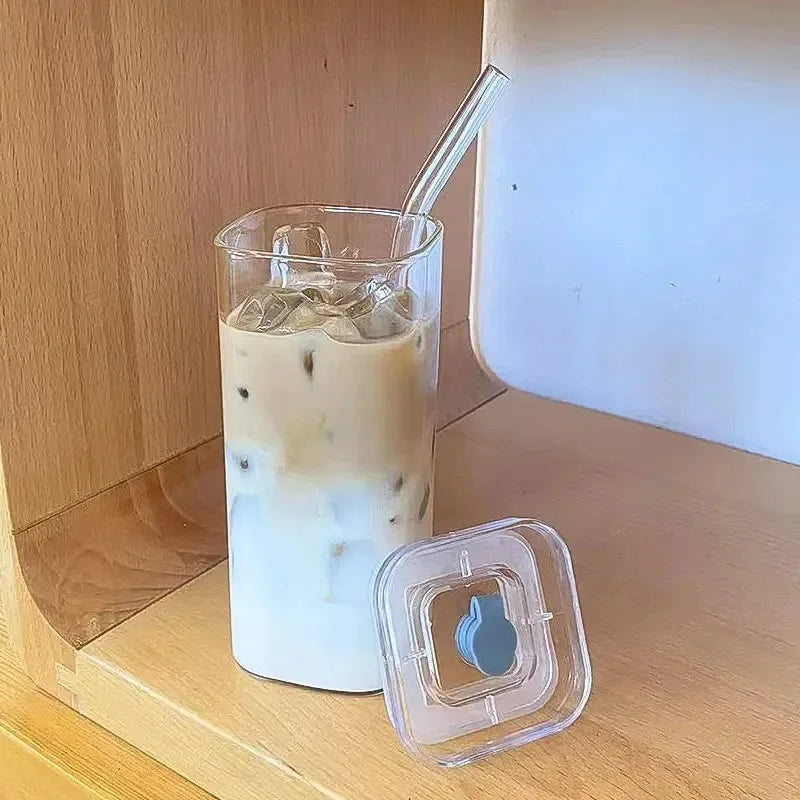 1pcs carré coupe en verre de café résistant à la chaleur avec couvercle et paille – lait transparent, thé et tasse de jus pour la maison ou le bar