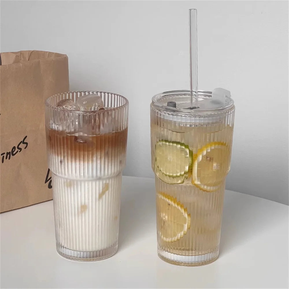 1/2pcs 600ml Stripe Glass Cup with Lid and Straw – Transparent Juice, Water, and Iced Coffee Drinking Glass