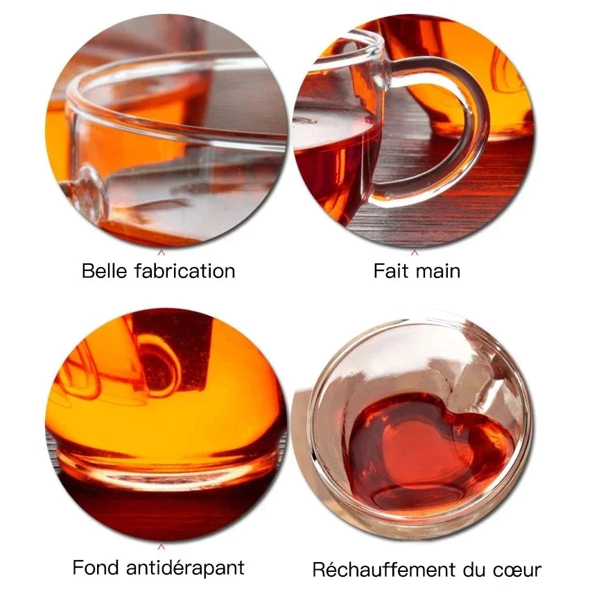1/2pcs Coupes en verre double couche en forme de cœur – Coupes de thé et de café isolées avec poignée pour latte, Cappuccino, lait