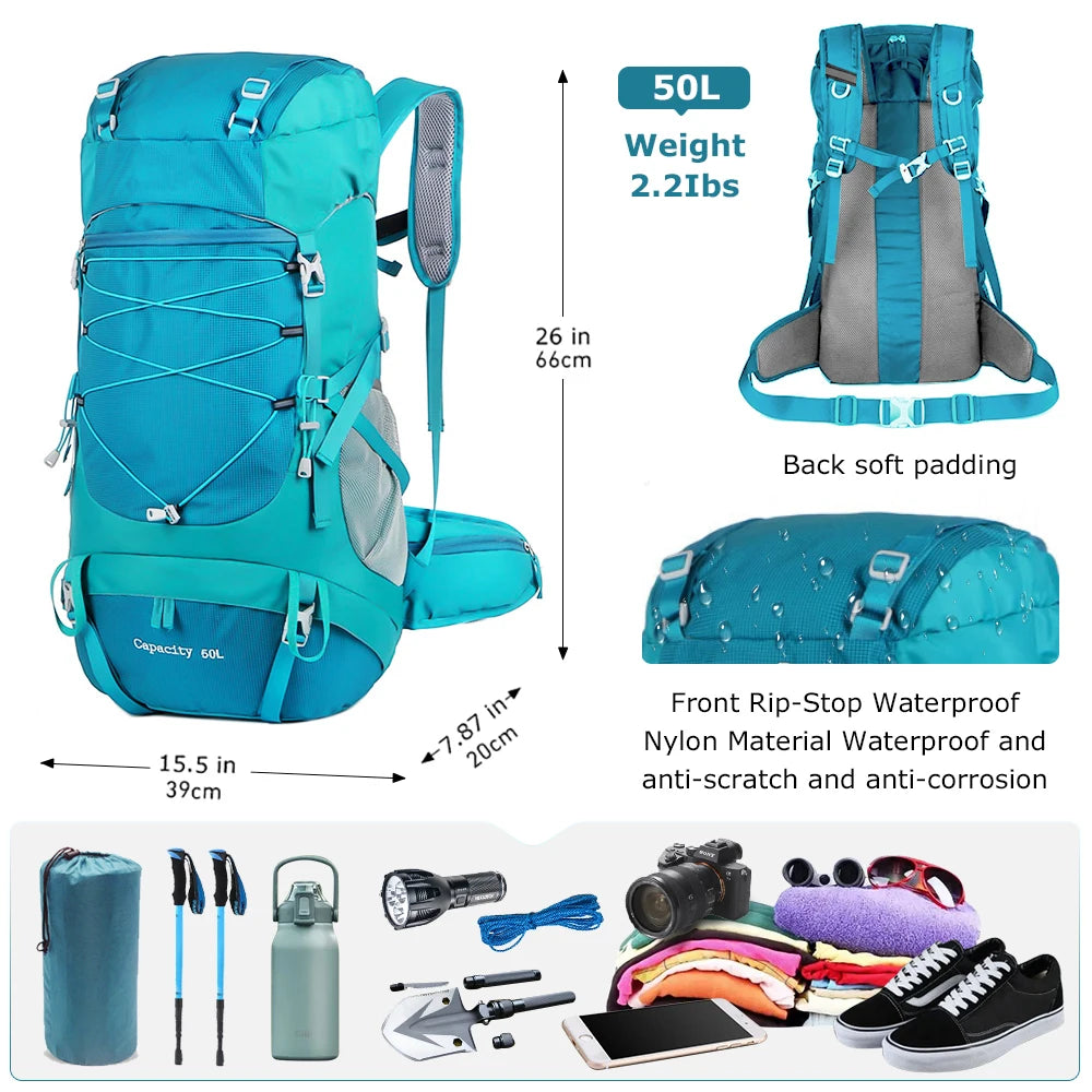 WESTTUNE 50L Sac à dos de randonnée imperméable avec couverture de pluie – Sac de voyage et d'alpinisme multifonctionnel