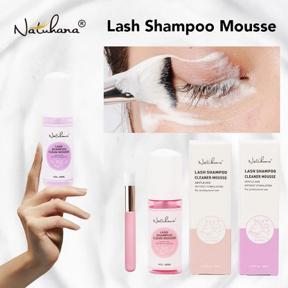 Natuhana 60ml Shampooing d'extension de cils Mousse – Mousse de nettoyage de laash pour faux cils, outil de maquillage doux et non irritant