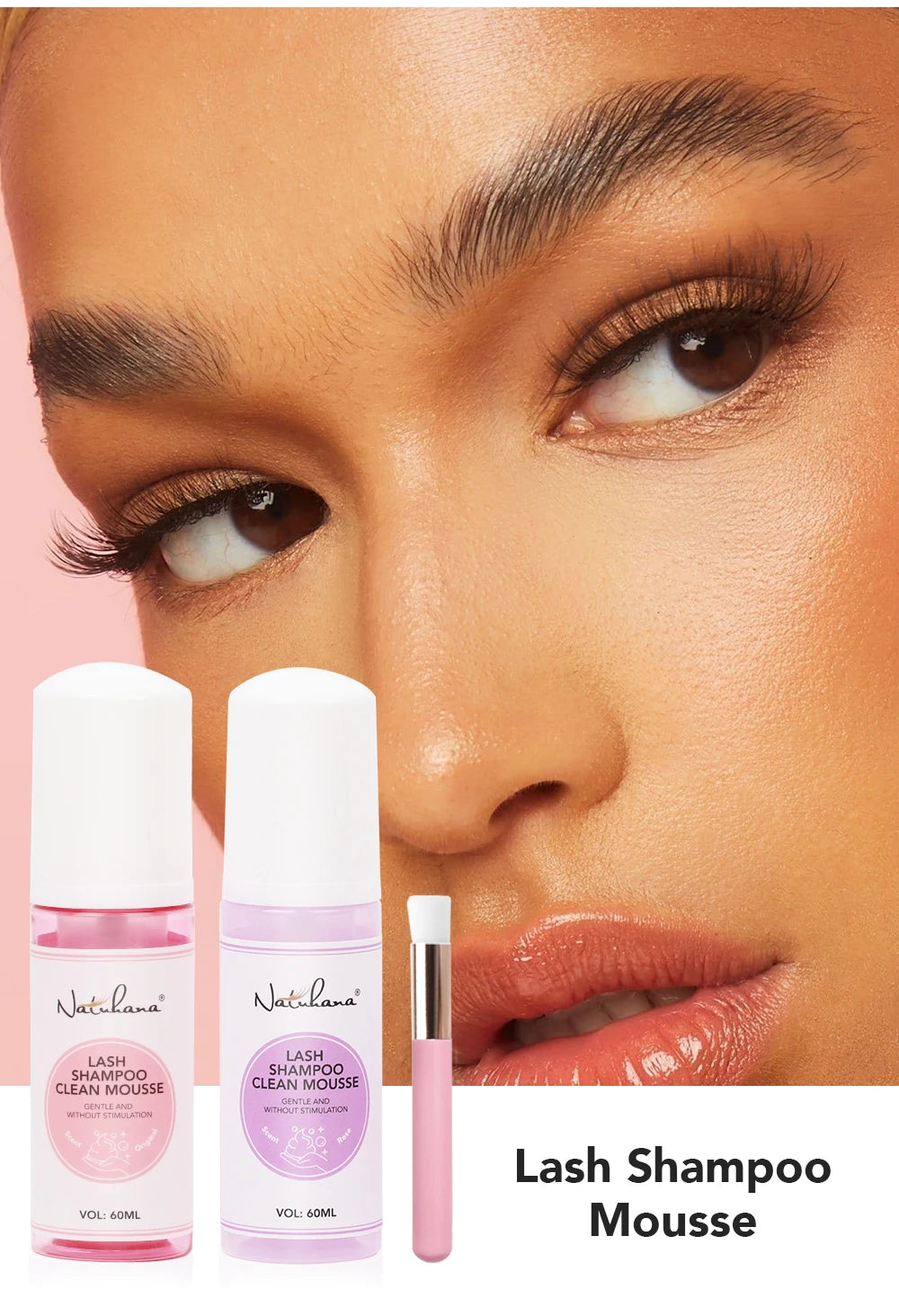 Natuhana 60ml Shampooing d'extension de cils Mousse – Mousse de nettoyage de laash pour faux cils, outil de maquillage doux et non irritant