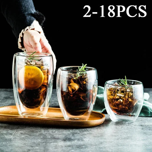 2-18PCS Double mur haute tasses en verre Borosilicate – Thé résistant à la chaleur, café, lait, et tasses de jus, Creative Bar Drinkware