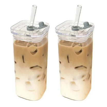 1pcs carré coupe en verre de café résistant à la chaleur avec couvercle et paille – lait transparent, thé et tasse de jus pour la maison ou le bar